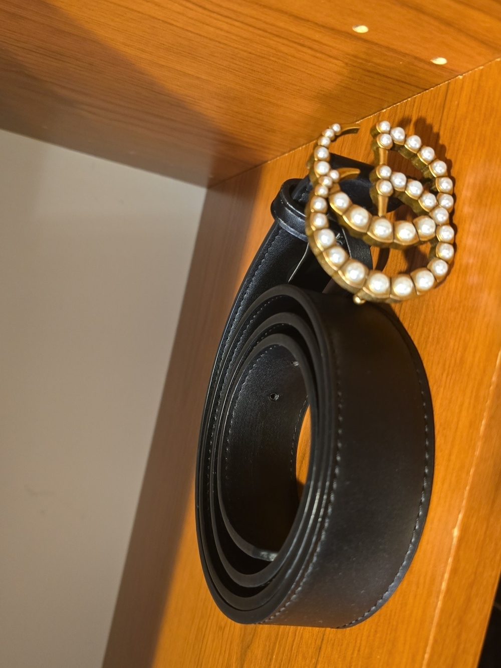 Gucci Black Leather Belt with Pearl-Studded Gold Double G Buckle